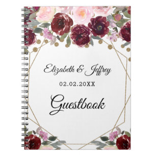 Caderno Espiral Casamento Geométrico Dourado da Floral Burgundy