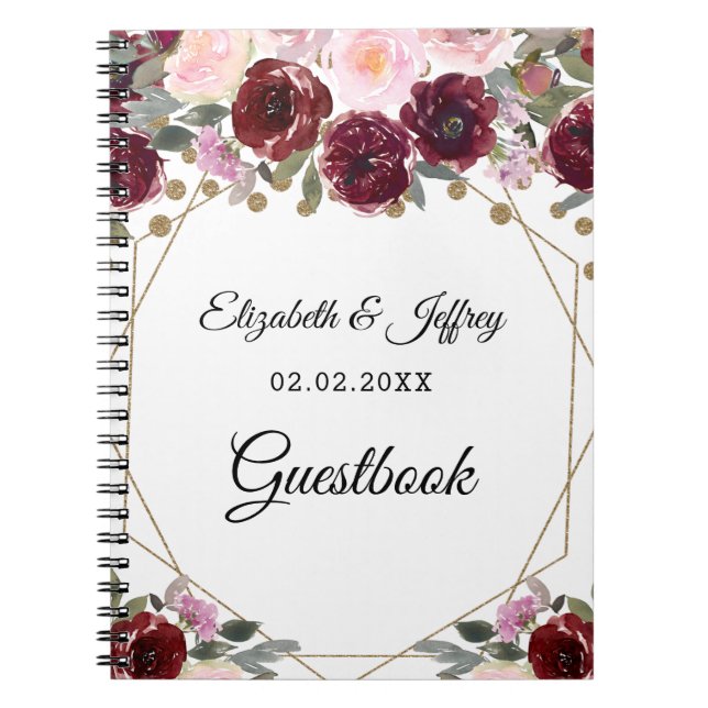 Caderno Espiral Casamento Geométrico Dourado da Floral Burgundy (Frente)