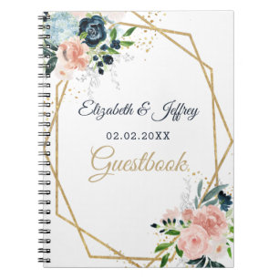 Caderno Espiral Casamento Geométrico Floral Dourado Blush Marinho