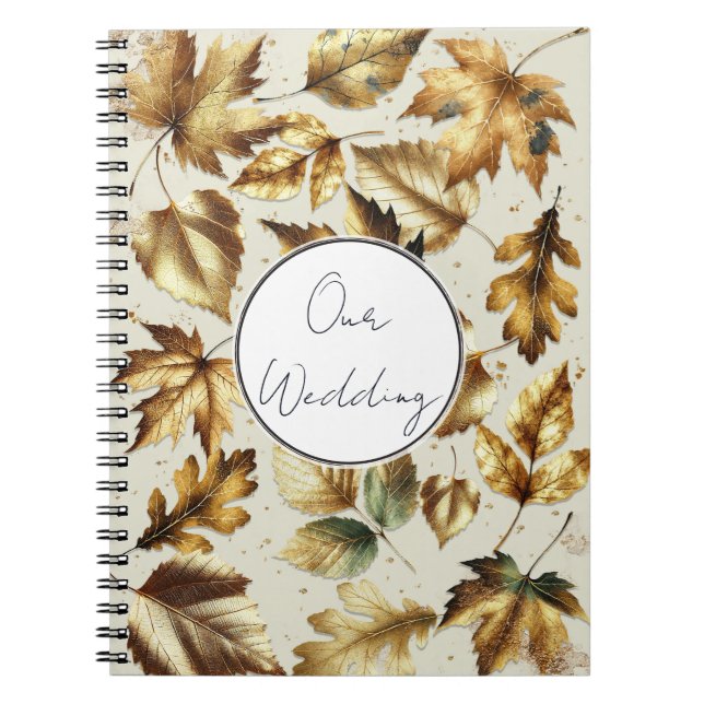 Caderno Espiral Casamento Glamouroso de Outono Bege Amêndoa Folhas (Frente)