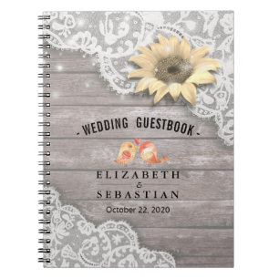 Caderno Espiral Casamento Guestbook Lace Sunflower Wood String Lig