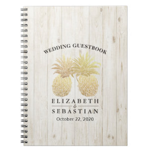 Caderno Espiral Casamento Guestbook Molho Dourado Abacaxi Madeira