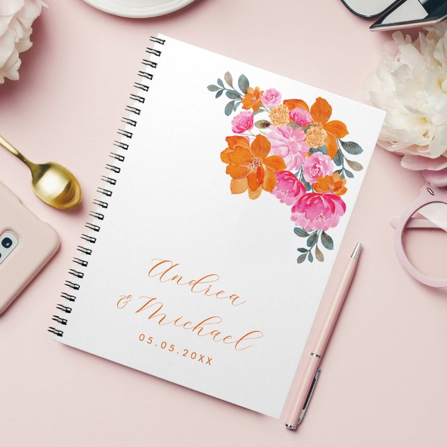 Caderno Espiral Casamento Personalizado De Verão Floral Laranja Vi (Criador carregado)
