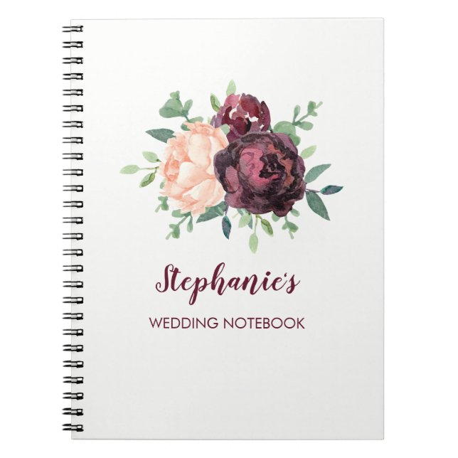 Caderno Espiral Casamento Personalizado do Pêssego Rosa Burgundy (Frente)