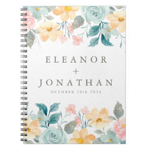 Caderno Espiral Casamento Personalizado Floral de Cor de Água Rosa