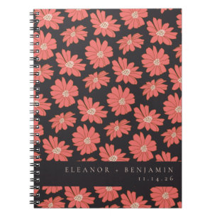 Caderno Espiral Casamento Personalizado Preto Vermelho Boho Botâni