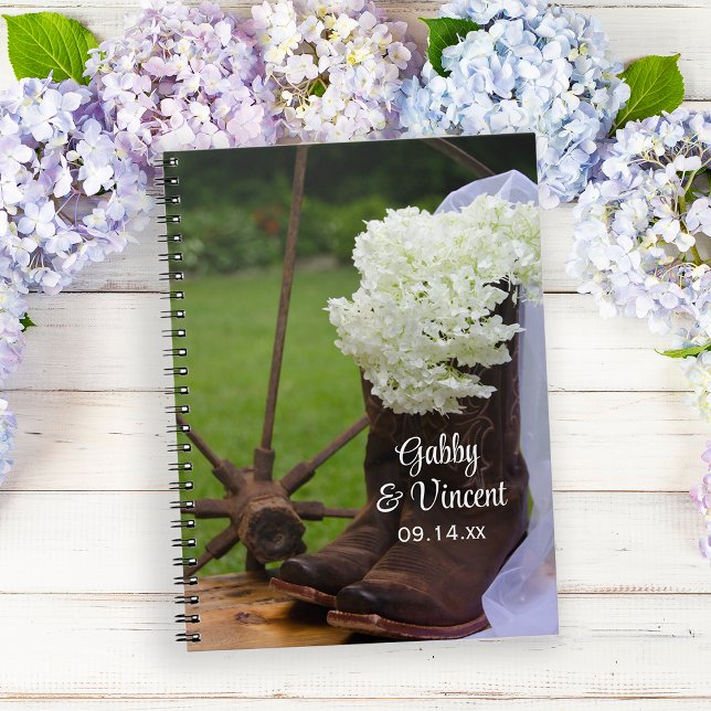 Caderno Espiral Casamento Rustic Hydrangea e Cowboy Boots Western (Criador carregado)
