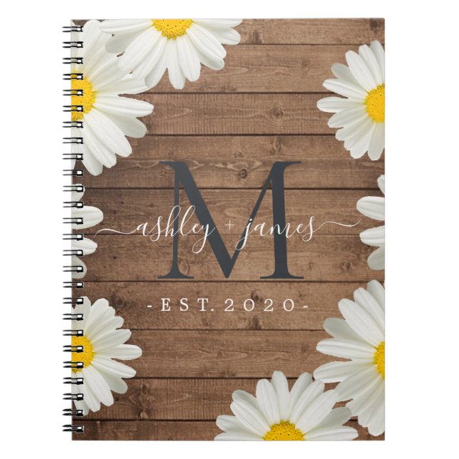 Caderno Espiral Casamento Sr. Monograma Daisies Floral Rustic Wood (Frente)