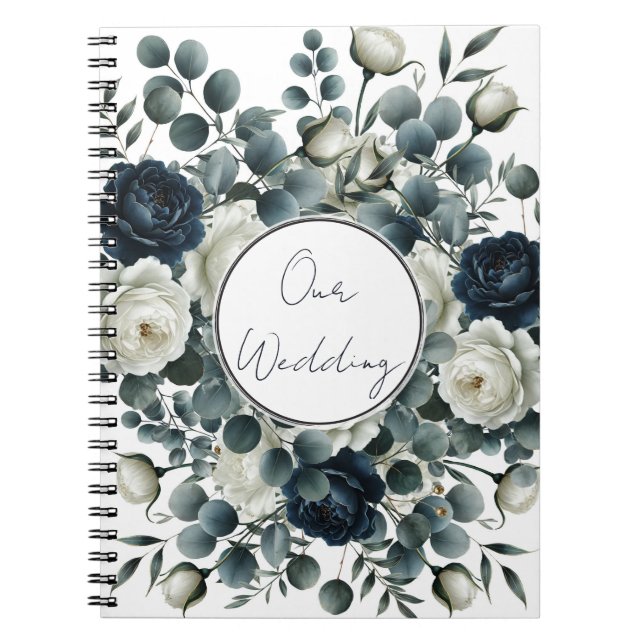 Caderno Espiral Casamento Verde Floral Moderno Azul Escuro e Branc (Frente)