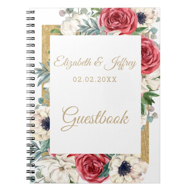 Caderno Espiral Casamento Vermelho Elegante Russo e Branco Floral  (Frente)