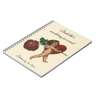 Caderno Espiral Casamento vintage, Cupido com Rosa vermelha e Cora