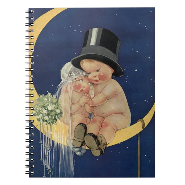 Caderno Espiral Casamento Vintage, Noiva e Noivo Fofo em uma Lua (Frente)