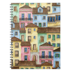 Caderno Espiral Casas de Lisboa: Padrão Funicular de Aquarela.