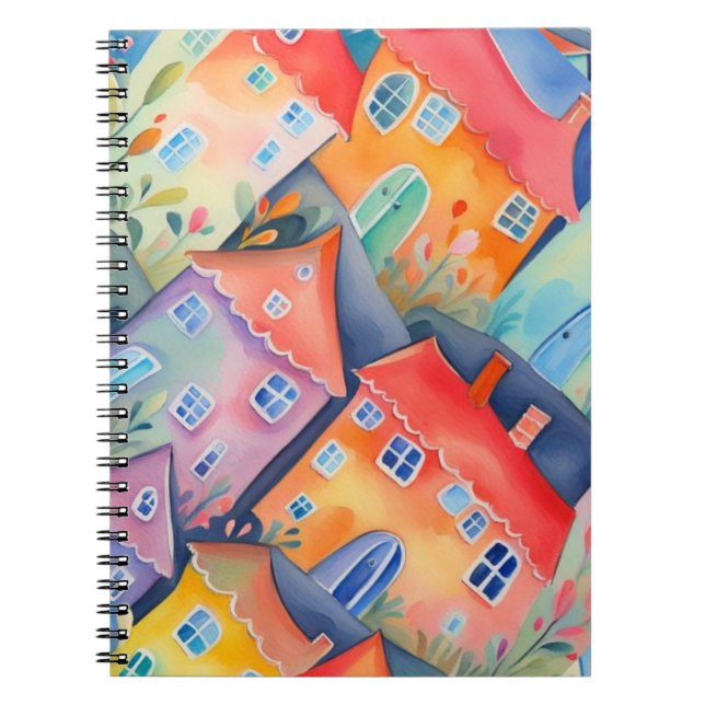 Caderno Espiral Casas pastel de cores suaves, cor pacífica (Frente)