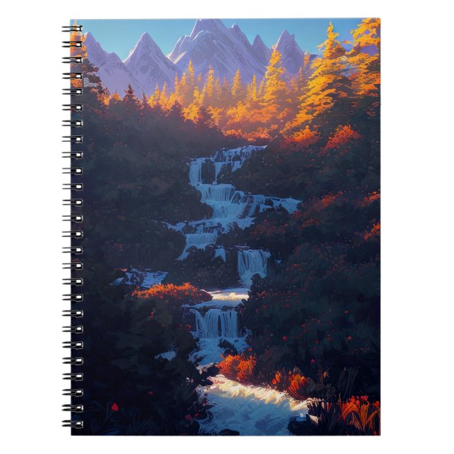 Caderno Espiral Cascata Em Meio À Floresta De Pinheiro Encantadora (Frente)