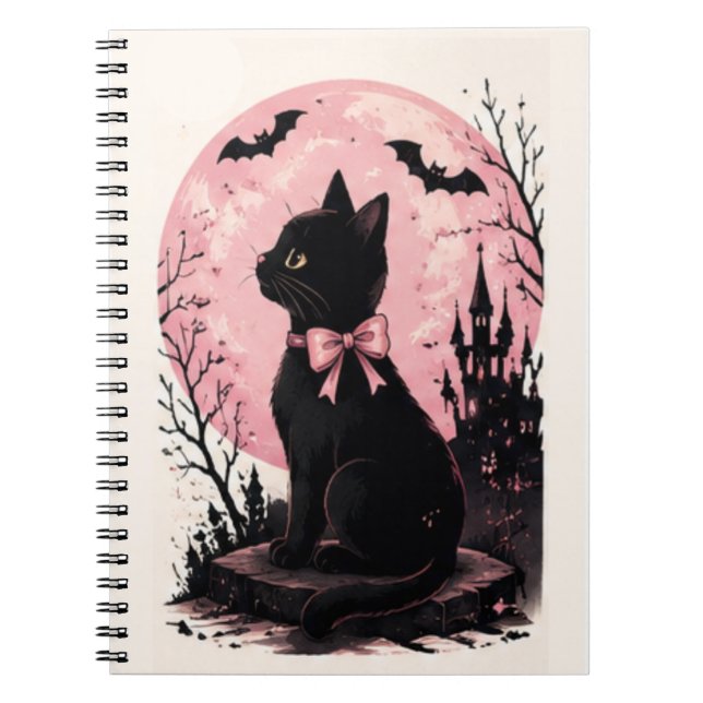 Caderno Espiral Castelo da Lua Cheia Rosa Gato Preto (Frente)