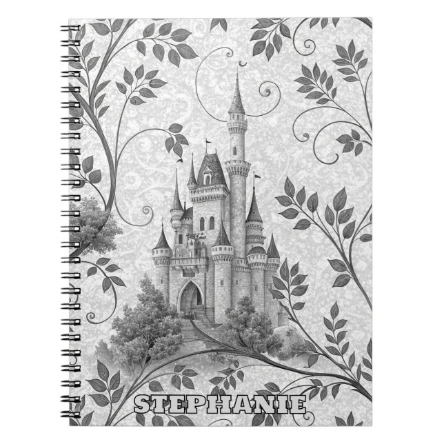 Caderno Espiral Castelo de Fairytale em Escala de Cinza com Fronte (Frente)