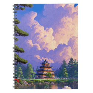 Caderno Espiral Castelo de Wooden Japonês pelo lago Enchanting