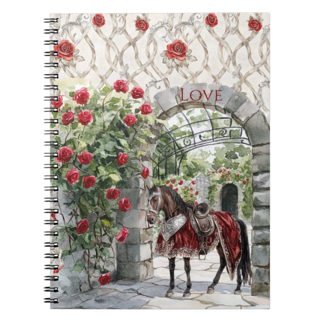 Caderno Espiral Castelo Real Romântico Cavalos Rosas Vermelhas (Frente)