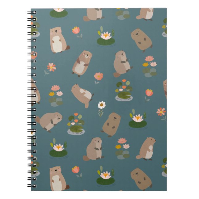 Caderno Espiral Castores & Folhas de Lótus em Teal Escuro (Frente)