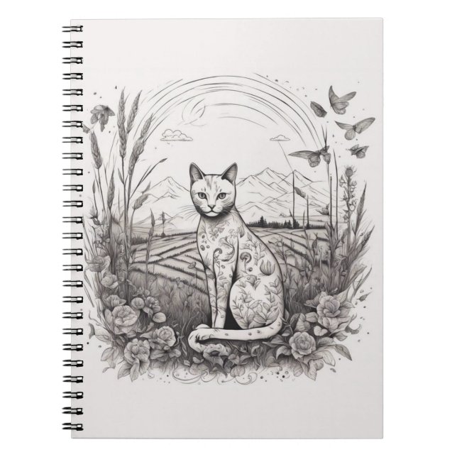 Caderno Espiral Cat Floral Preto Branco Fechar Flores Detalhadas (Frente)