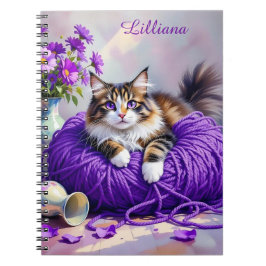 Caderno Espiral Cat  in Purple Yarn and Flowers Personalized