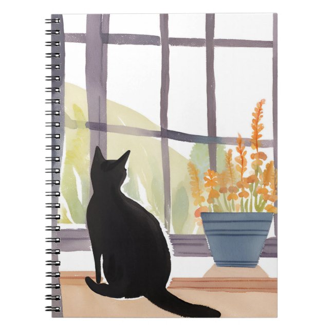 Caderno Espiral Cat in Windowsill | Silhouette Watercolor  (Frente)