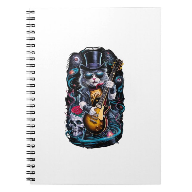 Caderno Espiral Cat Tocando Violão Rock & Roll 80s 90s Rock Banda  (Frente)