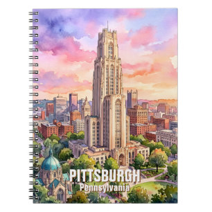 Caderno Espiral Catedral de Aprendizado de Pittsburgh em Aquarela 