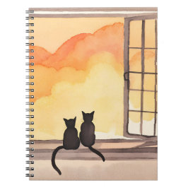 Caderno Espiral Cats in Window | Sunset Watercolor Silhouette