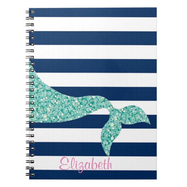 Caderno Espiral Cauda De Sereia, Marinho Azul, Stripes Personaliza (Frente)
