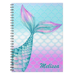 Caderno Espiral Cauda de Sereia Rosa Azul Feminina Personalizada