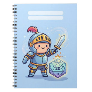 Caderno Espiral Cavaleiro Fofo com Dado D20 – Jogo de RPG de Fanta