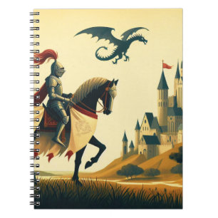 Caderno Espiral Cavaleiro medieval & wyvern com fantasia de castel