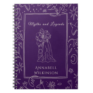 Caderno Espiral Cavaleiro Roxo e Arte de Linha Floral Fantasia Pri
