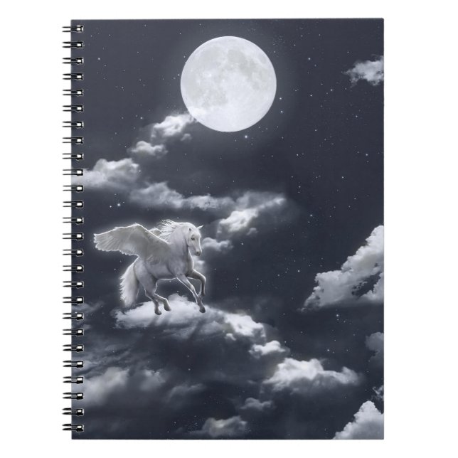 Caderno Espiral Cavalo alado branco: céu enluarado. (Frente)