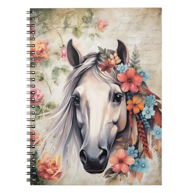 Caderno Espiral Cavalo branco em flores. (Frente)