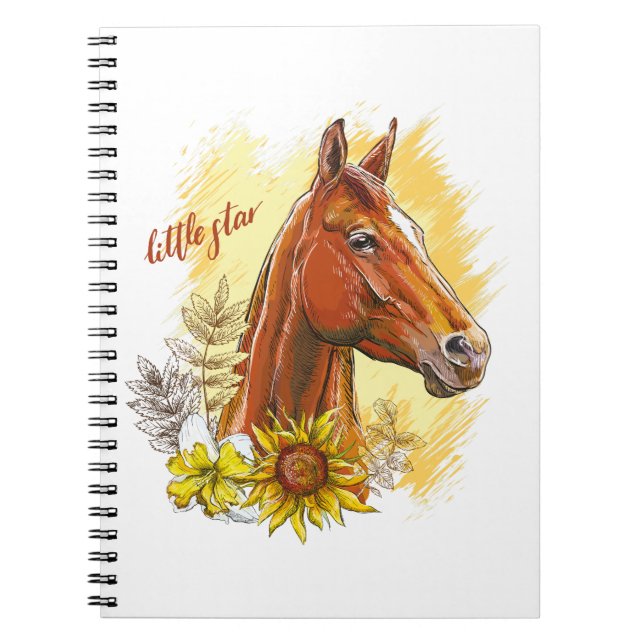 Caderno Espiral Cavalo de desenho manual elegante com plantas e fl (Frente)