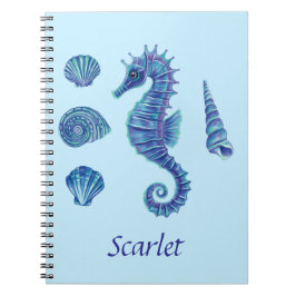 Caderno Espiral Cavalo de mar azul personalizável e conchas