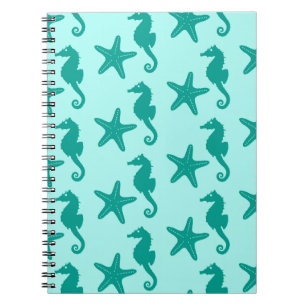 Caderno Espiral Cavalo-do-mar e estrelas-do-mar - turquesa e aqua