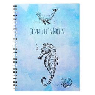 Caderno Espiral Cavalo-marinho, baleia e maruca em azul-aquarela