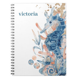 Caderno Espiral Cavalo-marinho concha sob o mar Azul Aniversário P