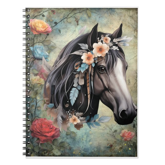 Caderno Espiral Cavalo marrom em flores. (Frente)