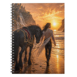 Caderno Espiral Cavalo Sonhador Romântico e Homem Noturno do Pôr d
