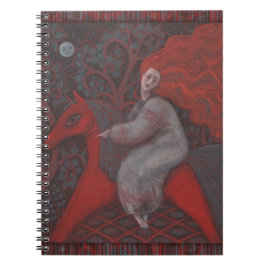 Caderno Espiral "Cavalo Vermelho", mulher ruiva, arte surreal fant
