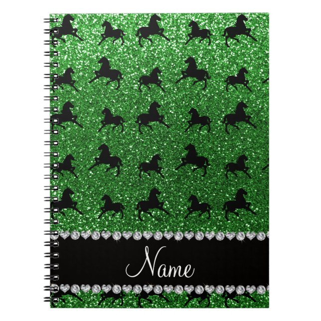 Caderno Espiral Cavalos de brilho verde de nome personalizado (Frente)