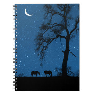 Caderno Espiral Cavalos e Noite Estrelada com Lua Crescente