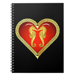 Caderno Espiral Cavalos-marinhos-de-ouro náuticos beijando coração