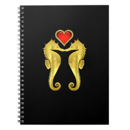 Caderno Espiral Cavalos-marinhos-de-ouro náuticos beijando coração