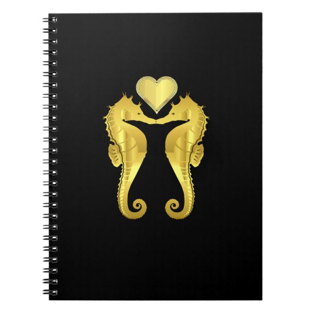 Caderno Espiral Cavalos-marinhos-de-ouro náuticos beijando o coraç (Frente)